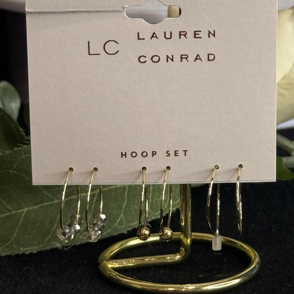 LC Lauren Conrad 3 pairs Gold Tone Mini Hoops Gold Bead and Crystal - Picture 2 of 7